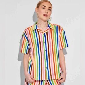 Pride Adult Bold Rainbow Short Sleeve Woven striped button down size small NWT